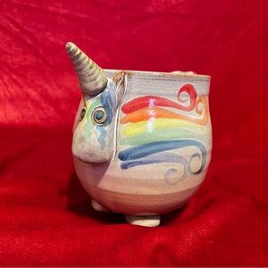 Clay Fired Rainbow Unicorn Mug Hand Thrown Pottery Footed Cup Handle Drip Glaze